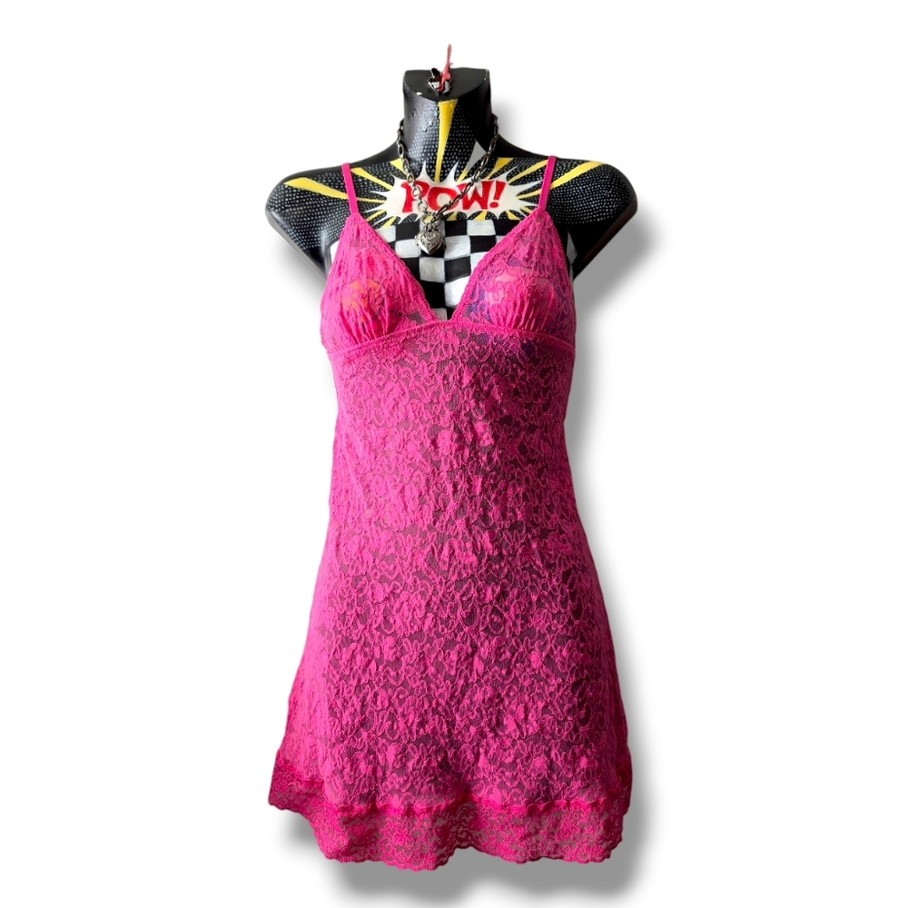 Vintage Y2K Victoria's Secret Bright Pink Lace Slip Nightie Valentine's Day